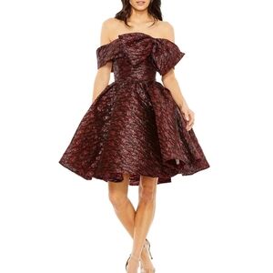 Elegant Red and Black Strapless Dress with Bow